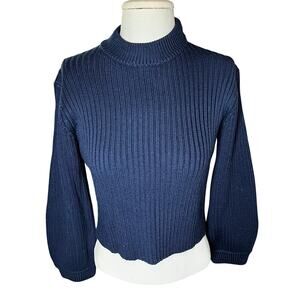 Tibi 100% Merino Wool Ribbed Sweater Womens Blue Balloon Sleeve Knit Crop